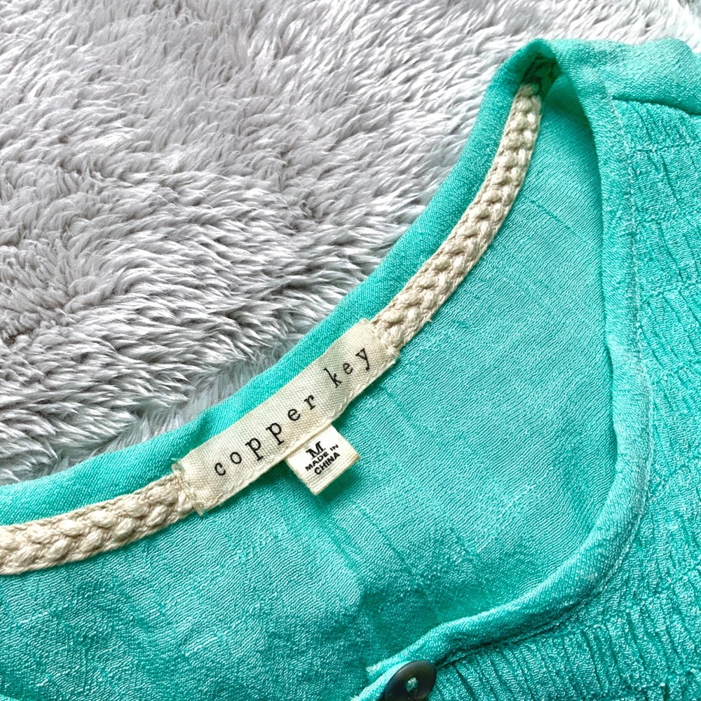 Turquoise Button Down Ruffled Sleeve Top - Picture 6 of 7